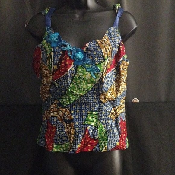 Vintage Handmade African Dutch Wax Embroidered Tank Top Size L/XL - Picture 1 of 9